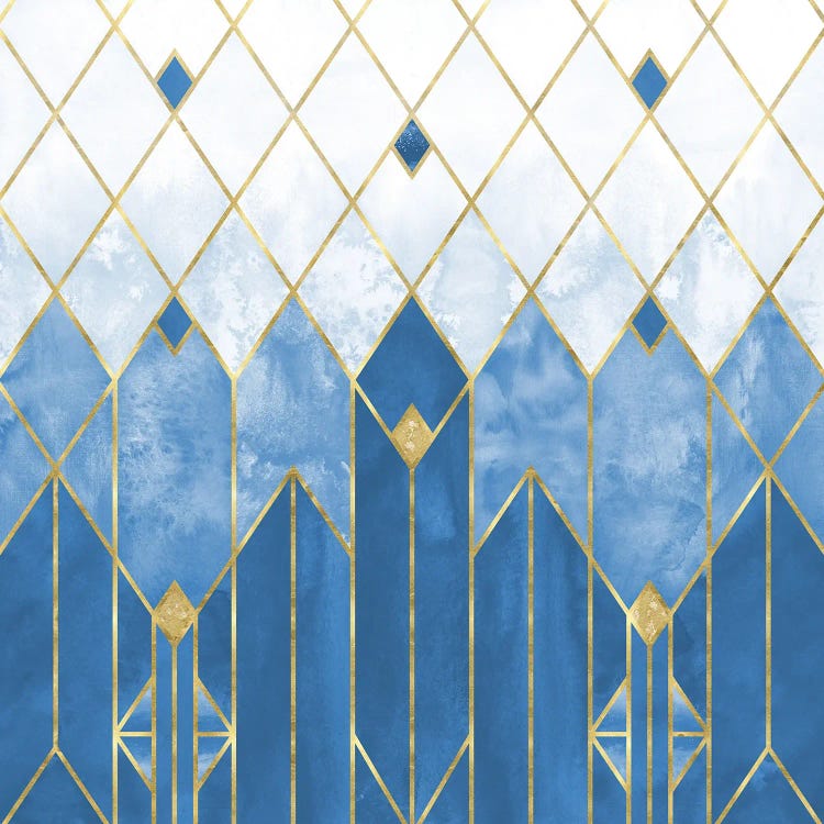 Frozen Blue and Gold Abstract Modern Geometric Art Deco Watercolor