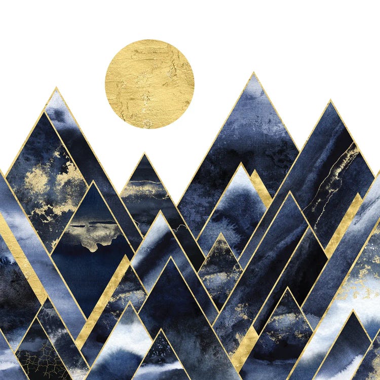 Geometric Navy Blue and Gold Abstract Modern Mountain Sun