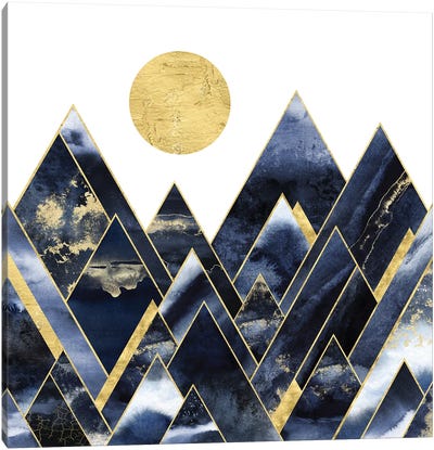 Geometric Navy Blue and Gold Abstract Modern Mountain Sun Canvas Art Print - Nature Magick