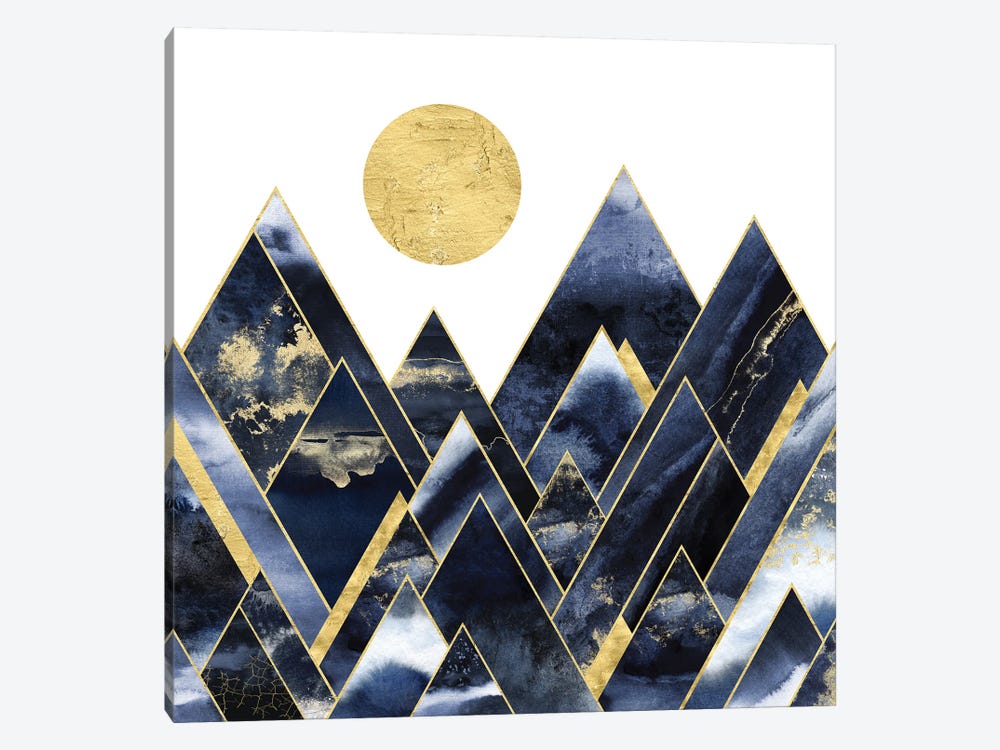 Geometric Navy Blue and Gold Abstract Modern Mountain Sun by Nature Magick 1-piece Canvas Art Print