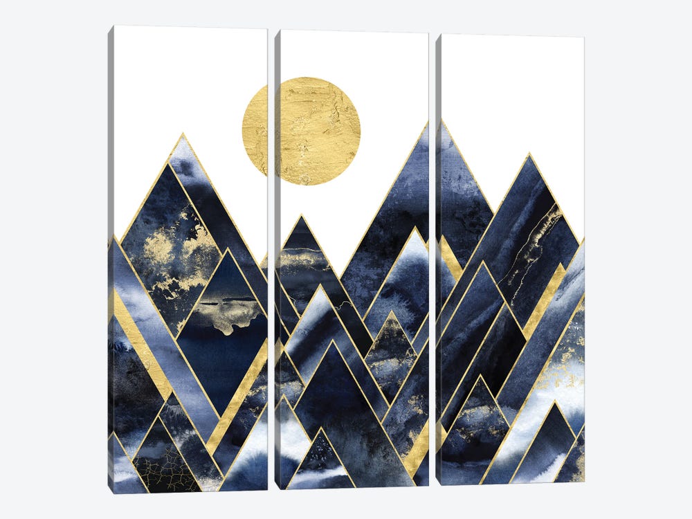Geometric Navy Blue and Gold Abstract Modern Mountain Sun by Nature Magick 3-piece Canvas Print