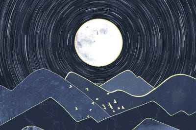 Geometric Navy Blue and Gold Abstract Modern Mountain Night Moon and Birds by Nature Magick canvas print