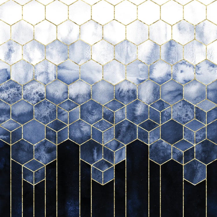 Geometric Cubes Modern Navy Blue and Gold Abstract Watercolor