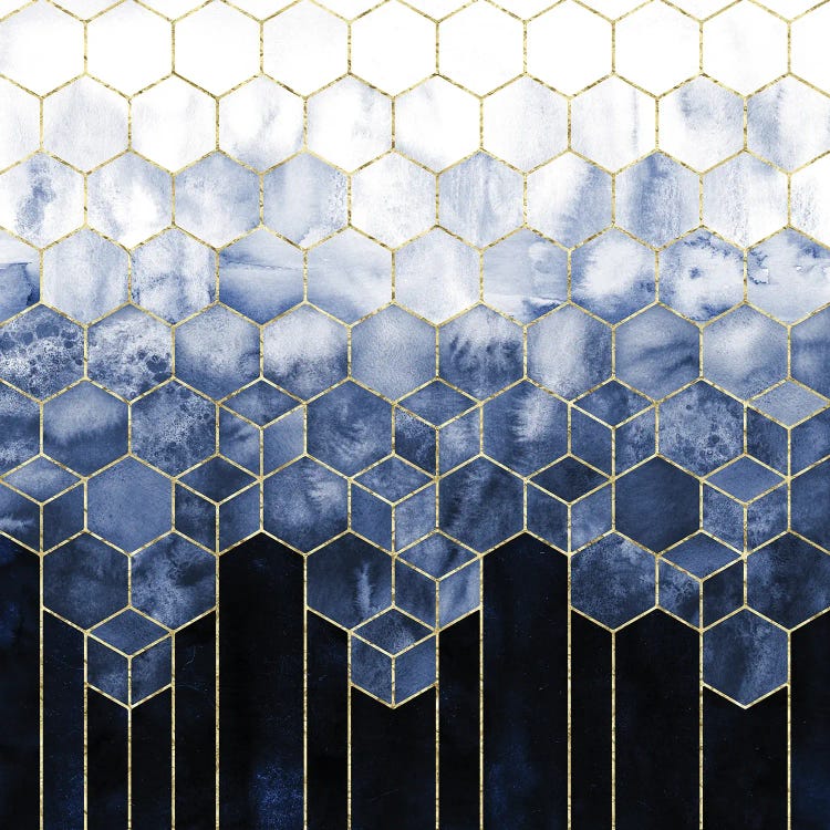 Geometric Cubes Modern Navy Blue and Gold Abstract Watercolor by Nature Magick wall art