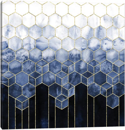 Geometric Cubes Modern Navy Blue and Gold Abstract Watercolor Canvas Art Print - Nature Magick