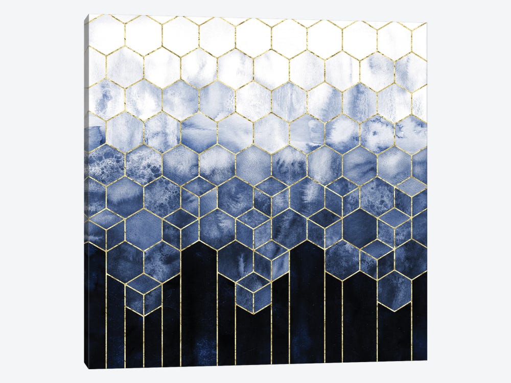 Geometric Cubes Modern Navy Blue and Gold Abstract Watercolor by Nature Magick 1-piece Canvas Wall Art