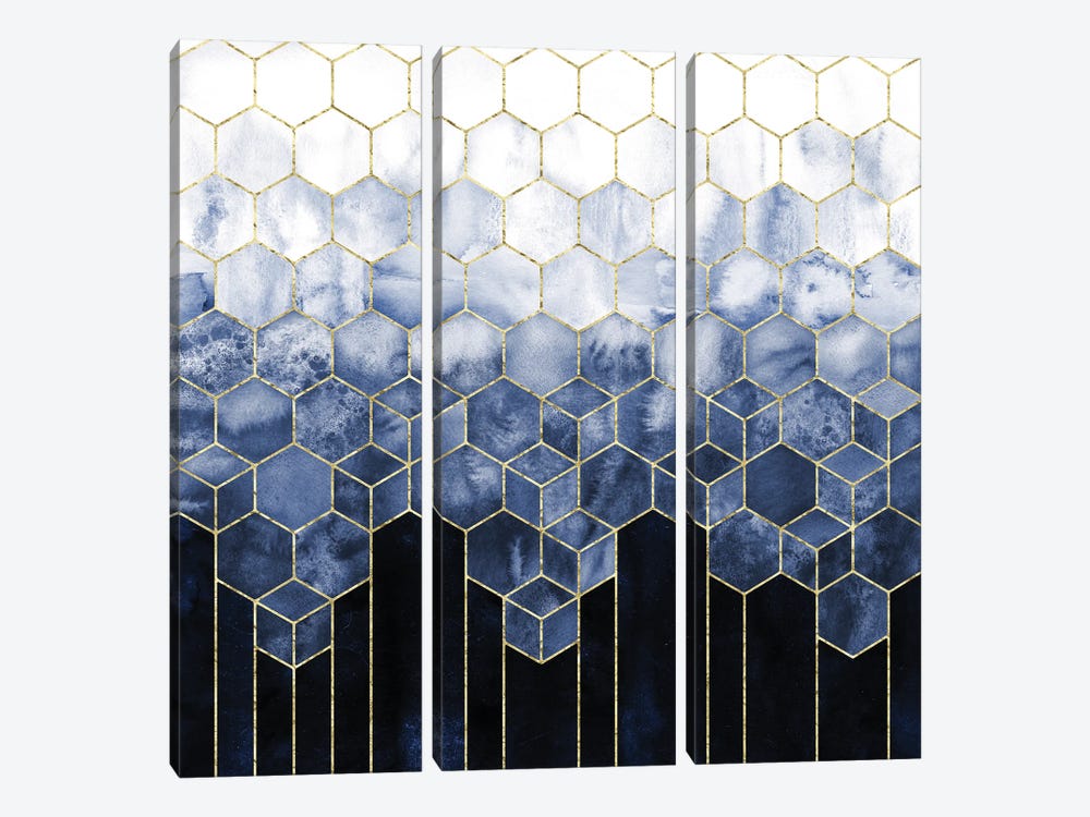 Geometric Cubes Modern Navy Blue and Gold Abstract Watercolor by Nature Magick 3-piece Canvas Art