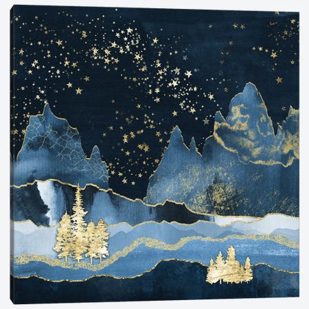 Forest Mountain Starry Night Navy Blue and Gold Abstract Modern Geometric Mountains Canvas Print #MGK652} by Nature Magick Canvas Art Print