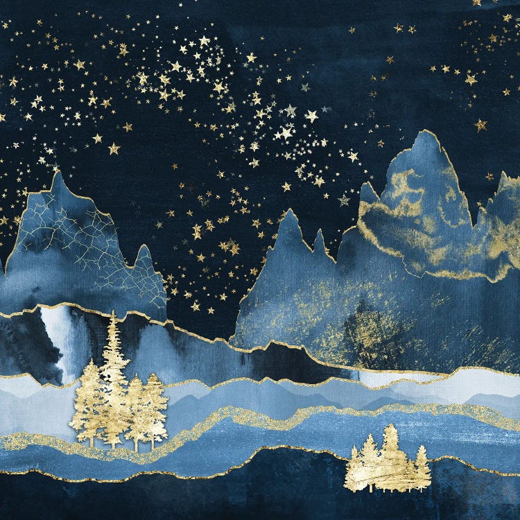 Forest Mountain Starry Night Navy Blue and Gold Abstract Modern Geometric Mountains