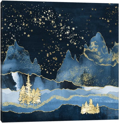 Forest Mountain Starry Night Navy Blue and Gold Abstract Modern Geometric Mountains Canvas Art Print - Nature Magick