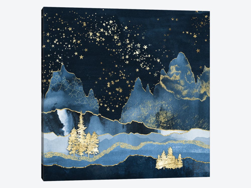 Forest Mountain Starry Night Navy Blue and Gold Abstract Modern Geometric Mountains by Nature Magick 1-piece Canvas Art Print