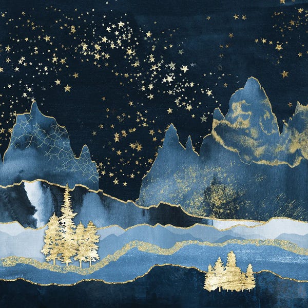 Nature Magick: Forest Mountain Starry Night Navy Blue and Gold Abstract Modern Geometric Mountains by Nature Magick