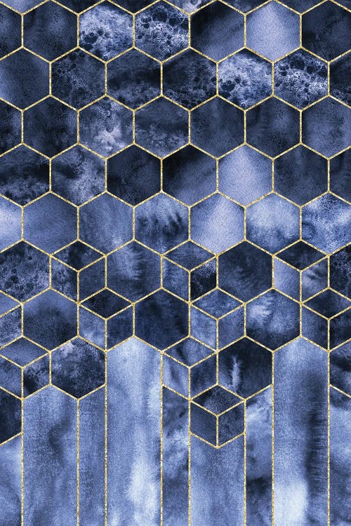 Modern Geometric Navy Blue and Gold Abstract Cubes Watercolor