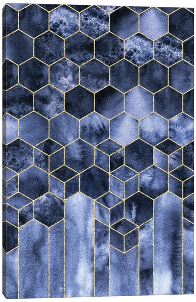 Modern Geometric Navy Blue and Gold Abstract Cubes Watercolor Canvas Art Print - Nature Magick