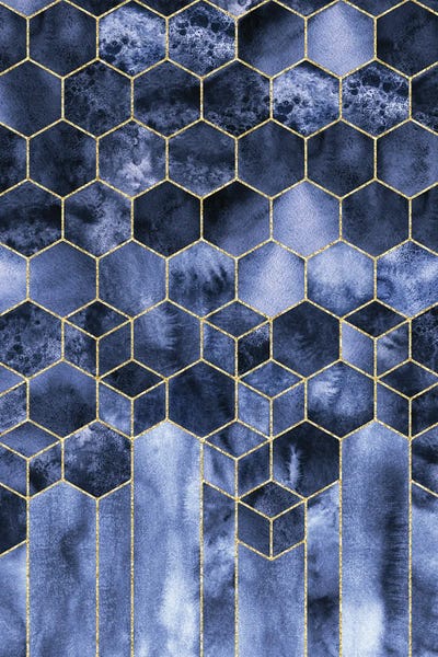 Nature Magick: Modern Geometric Navy Blue and Gold Abstract Cubes Watercolor by Nature Magick