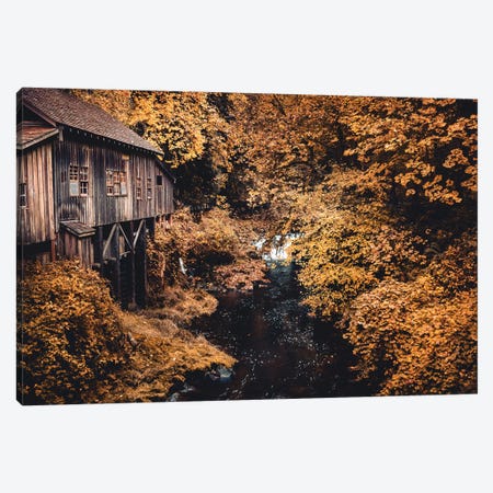 Fall Leaves Autumn Trees and Water at the Cedar Creek Grist Mill Rustic Country Farmhouse Scenic Canvas Print #MGK654} by Nature Magick Canvas Art