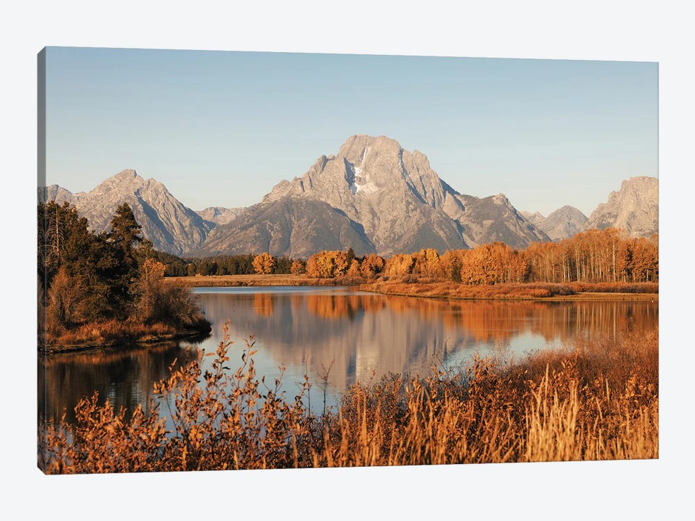Fall Aspen Trees and Mountain Water Reflection Mt. Moranin Grand Teton National Park 1-piece Canvas Artwork