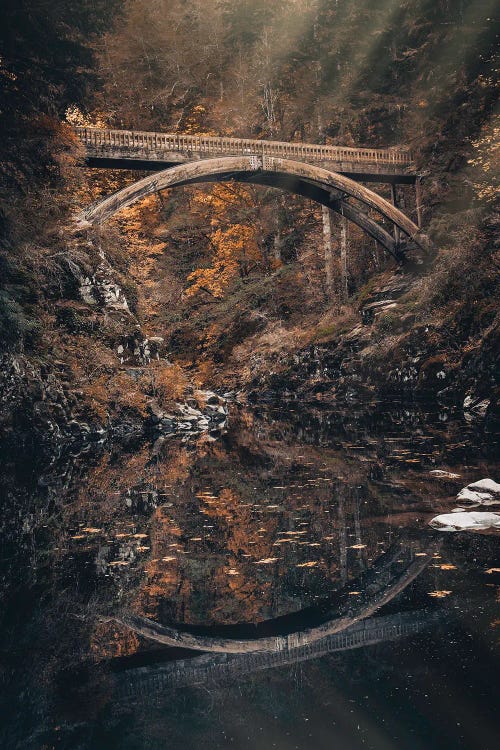 Fall Water Reflection of Moulton Falls Bridge with Autumn Leaves Lewis River