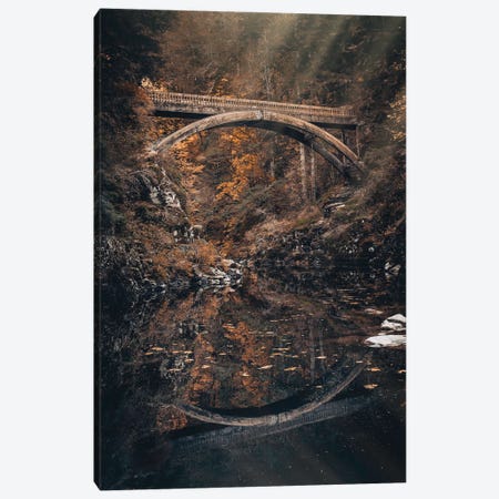 Fall Water Reflection of Moulton Falls Bridge with Autumn Leaves Lewis River Canvas Print #MGK667} by Nature Magick Art Print