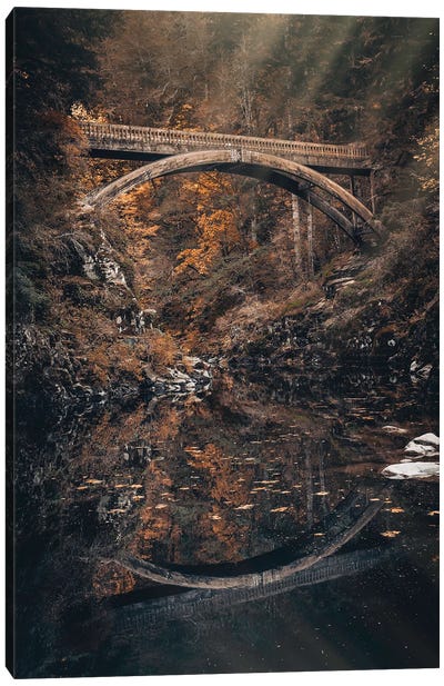 Fall Water Reflection of Moulton Falls Bridge with Autumn Leaves Lewis River Canvas Art Print - Nature Magick