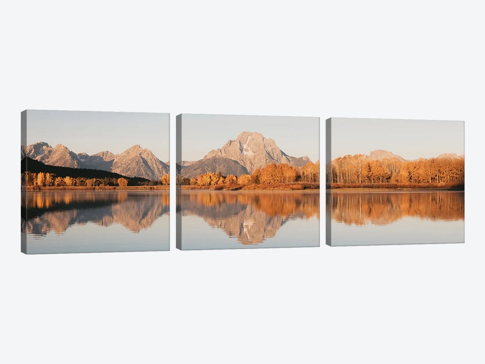 Fall Aspen Trees and Mountain Water Reflection Mt. Moran Autumn Leaves Grand Teton National Park Western by Nature Magick 3-piece Canvas Art Print