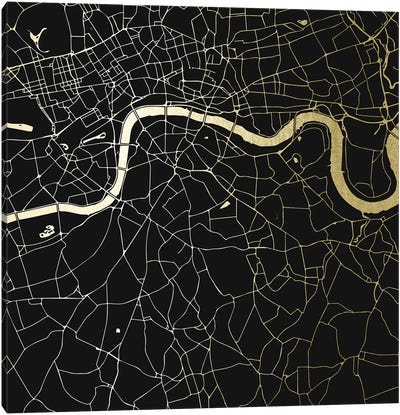 London England City Map Canvas Art Print - Black, White & Gold Art