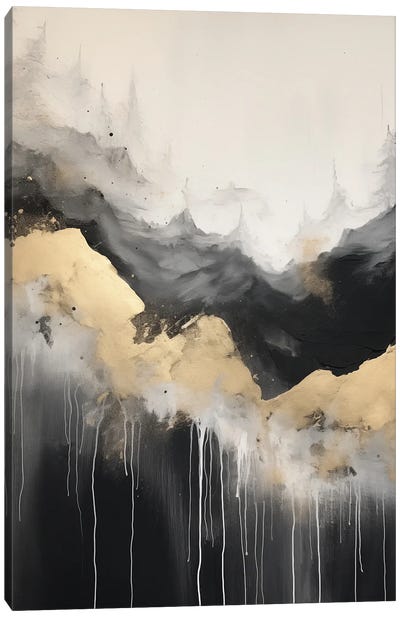 Mountain Forest Gold Abstract Painting II Canvas Art Print - Black, White & Gold Art