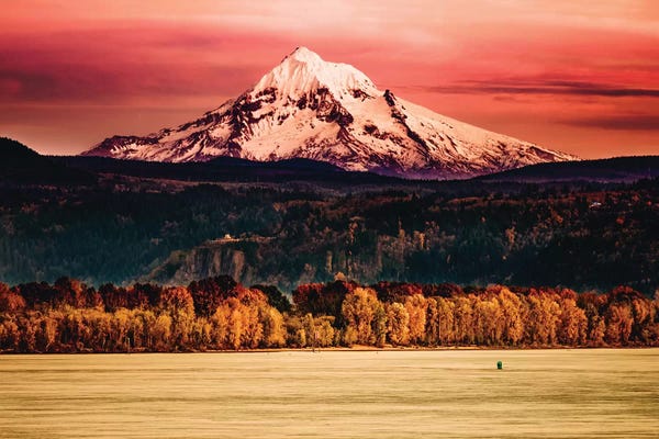 Layered Landscapes: Mountain Sunset River Mt. Hood Oregon Columbia River Gorge by Nature Magick