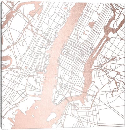New York City Map II Canvas Art Print - Rose Gold Art