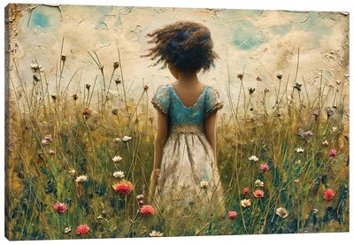 Young Girl In Blue Dress Canvas Art Print - Field, Grassland & Meadow Art