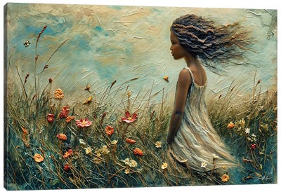 Young Girl With Wind In Her Hair Canvas Art Print - Field, Grassland & Meadow Art