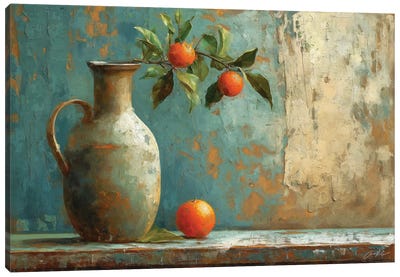 Oranges And Urn Canvas Art Print - Pottery Still Life