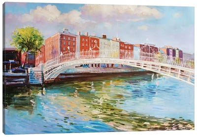 The Halfpenny Bridhe, Dublin City Canvas Art Print - Urban River, Lake & Waterfront Art