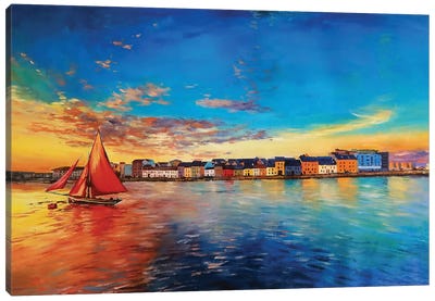 Galway Hooker At Sunset Canvas Art Print - Sailboat Art