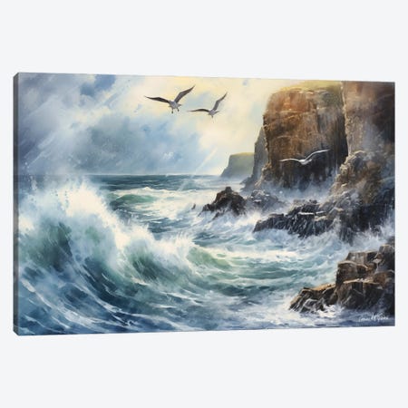 Seaguls Swooping, Ceide Cliffs, County Mayo Canvas Print #MGY82} by Conor McGuire Canvas Artwork