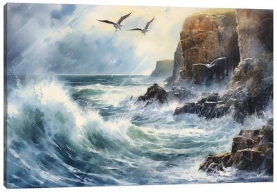 Seaguls Swooping, Ceide Cliffs, County Mayo Canvas Art Print - Conor McGuire