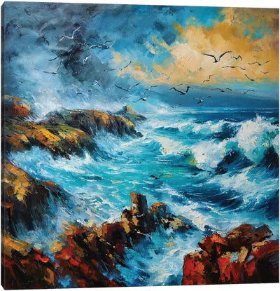 Sea Gulls In Storm, County Mayo Canvas Art Print - Conor McGuire
