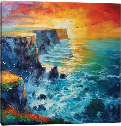 Burnt Orange Sunset Canvas Art Print - Cliffs of Moher