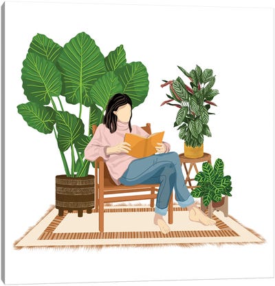 Reading With Plants II Canvas Art Print - Self-Care Art