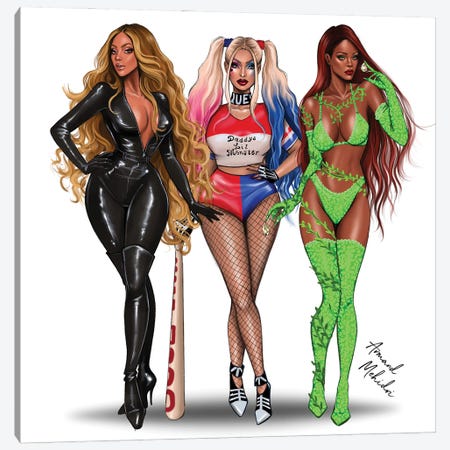 Gotham City Sirens - Beyonce, Nicki Minaj, Rihanna Canvas Print #MHD38} by Armand Mehidri Canvas Wall Art