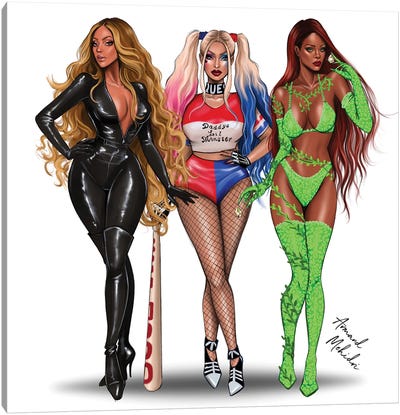Gotham City Sirens - Beyonce, Nicki Minaj, Rihanna Canvas Art Print - Harley Quinn