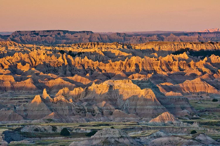 Illuminated Buttes, Sunrise, Pinnacles Viewpoint, Badlands National Park, South Dakota, Usa