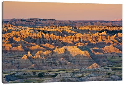 Illuminated Buttes, Sunrise, Pinnacles Viewpoint, Badlands National Park, South Dakota, Usa Canvas Art Print