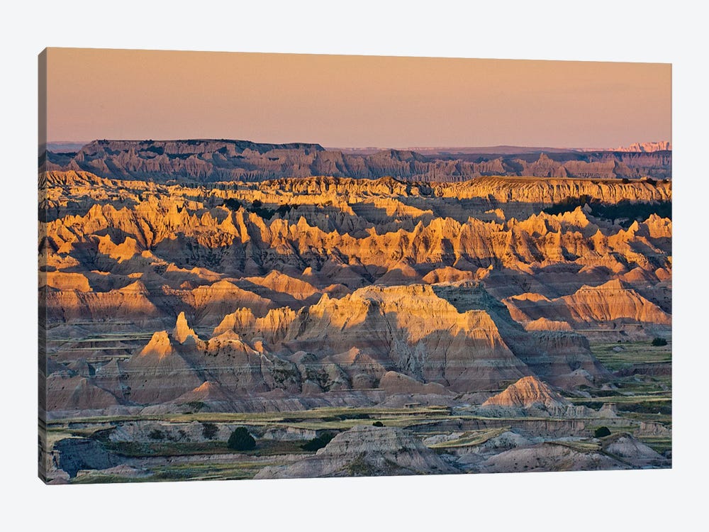 Illuminated Buttes, Sunrise, Pinnacles Viewpoint, Badlands National Park, South Dakota, Usa by Michel Hersen 1-piece Canvas Print