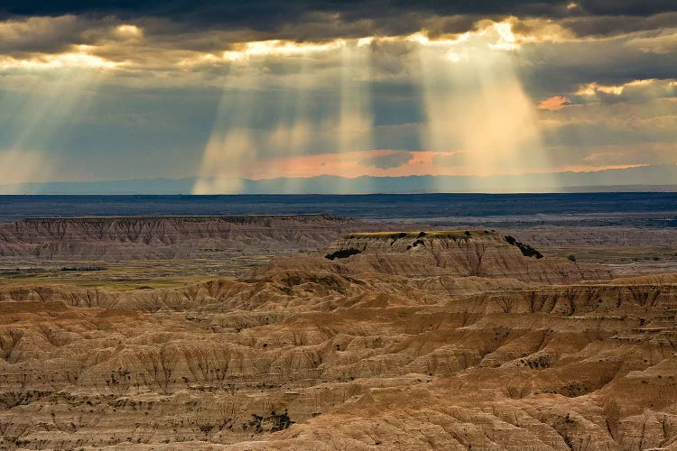 Storm at sunset, Pinnacles Viewpoint, Badlands National Park, South Dakota, USA