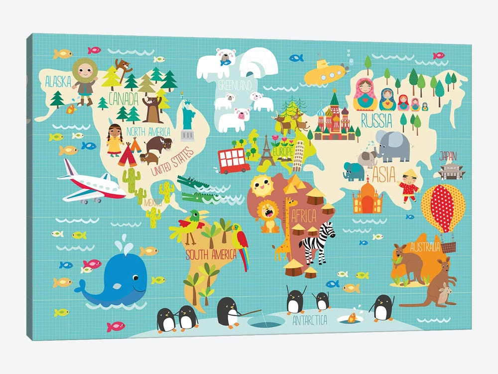 Children's World Map by Martina Hogan 1-piece Canvas Print