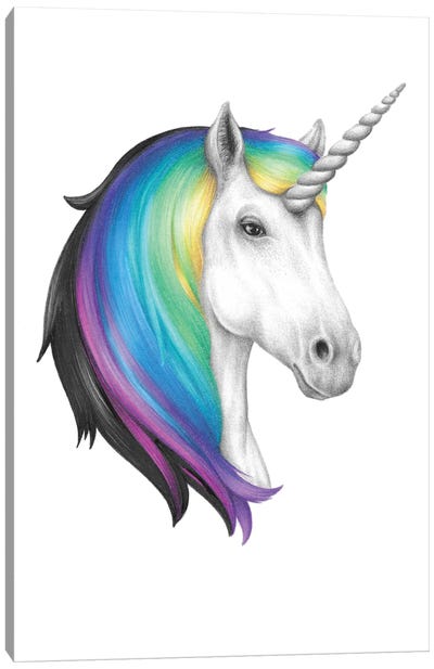 White Unicorn With Rainbow Hair Canvas Art Print - Friendly Mythical Creatures