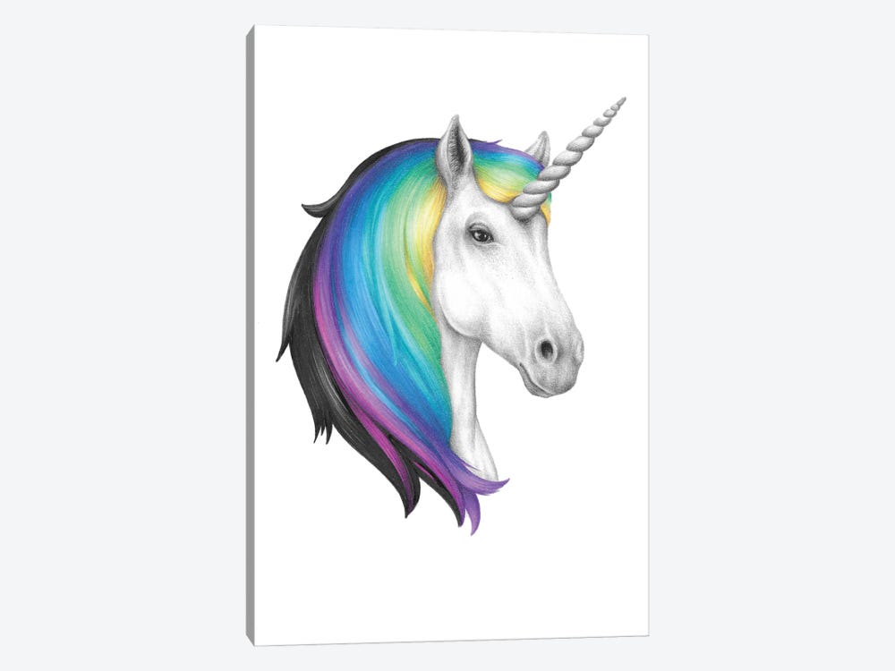 White Unicorn With Rainbow Hair Canvas Print by Mandy Heck | iCanvas