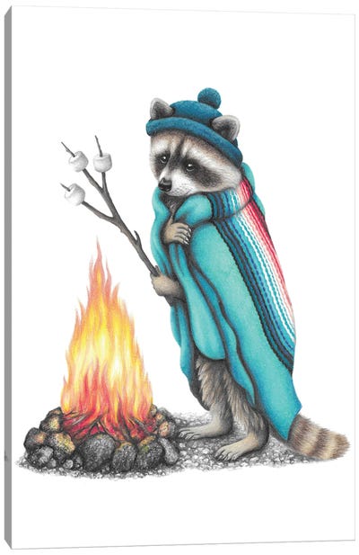 Raccoon And Campfire Canvas Art Print - Camping Art