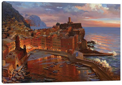 Night Begin At Vernazza Canvas Art Print - Illuminated Oil Paintings